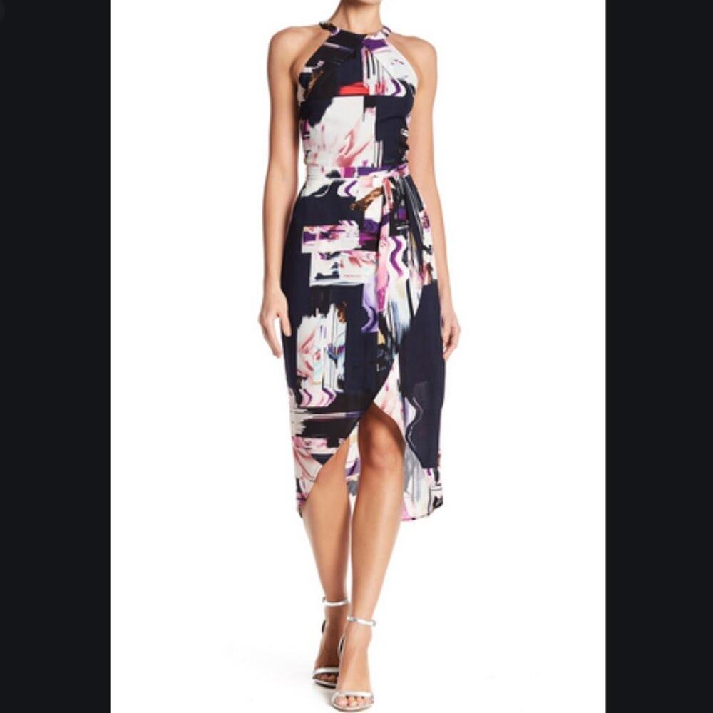 NWT A.B.S. Collection Colorful abstract high/low halter top Midi Dress  NEW
